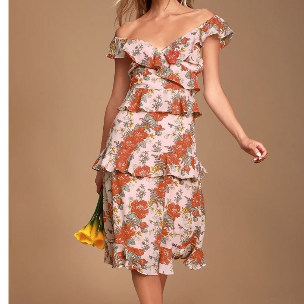 Fleur-Evermore Blush Pink Floral Ruffled Dress NWT - Picture 1 of 8